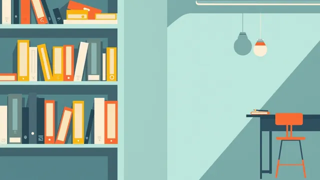 An empty library study desk under cool overhead light with a squared notebook, a sharpened pencil, and a pulled-out chair.