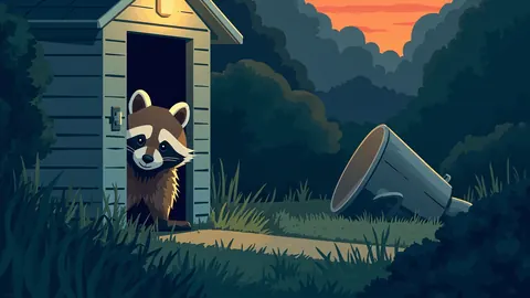 Illustration of a raccoon peeking from behind a garden shed at dusk beside an overturned watering can