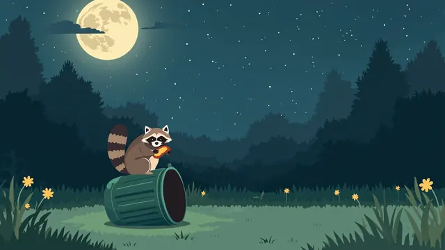 A raccoon raiding an overturned trash bin under a full moon, holding a stolen snack.