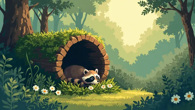 A baby raccoon napping inside a hollow log on a soft bed of ferns.