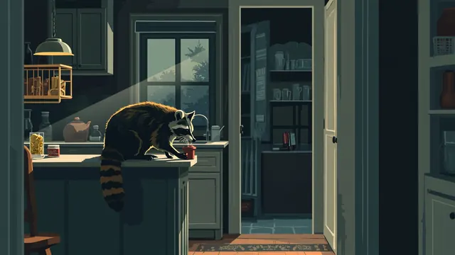 A raccoon on a kitchen counter prying open a jar while glancing toward the room.
