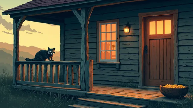 An old raccoon resting on a porch railing next to a bowl of corn at dusk.