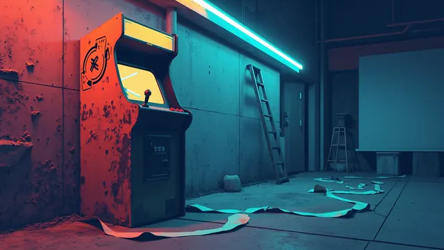 A worn arcade cabinet stands in a dim concrete corner under a glowing neon strip, with a paper streamer unfurled across the floor