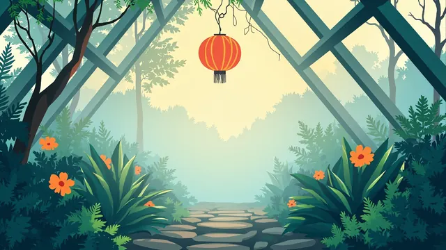 Foggy greenhouse at dawn with ferns, mist, and a swaying paper lantern over a pebble path.