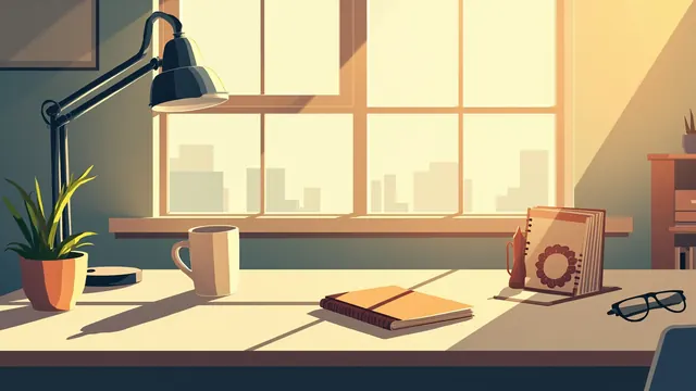 Sunlit co-working loft with a tidy desk, empty ceramic mug, and closed leather notebook.