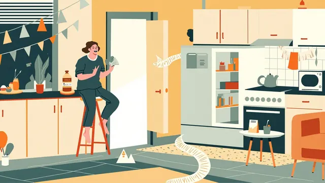 Illustration of a person laughing on a stool in a cluttered party kitchen as a streamer unfurls
