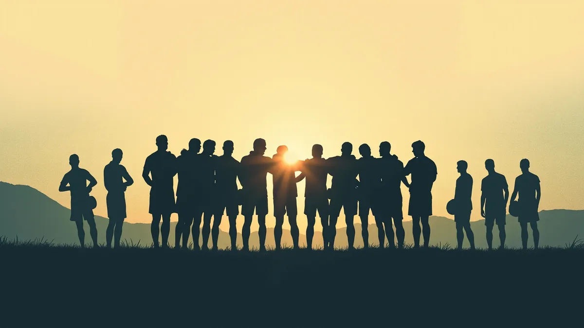 Illustration of silhouetted teammates joining hands in a huddle at sunset