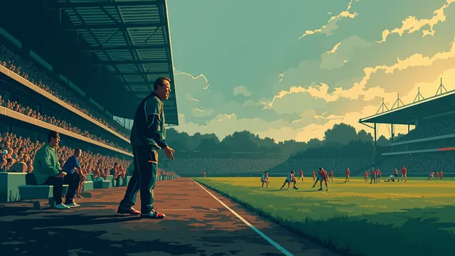 A coach shouts from the sideline of a stadium toward players gathered on the grass at dusk.
