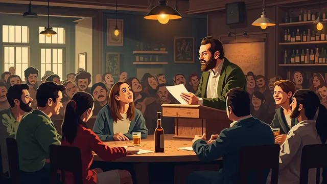 A pub room where a quizmaster reads a question to teammates laughing around a wooden table under warm lamps.