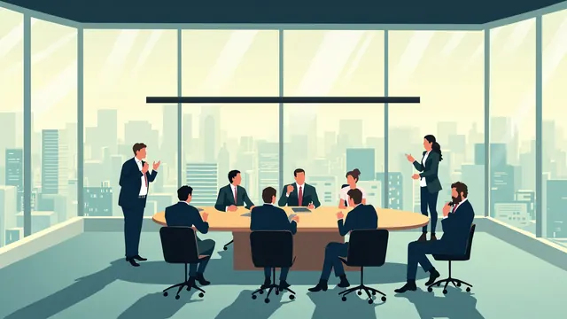 Corporate meeting room with a long hanging lamp above an oval table where business-attired colleagues convene.