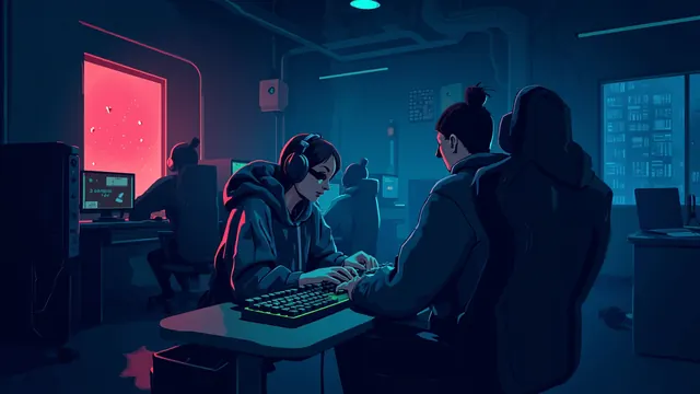A dark gaming room lit by neon where a clan in hoodies crowds around one glowing keyboard and chair before a match.
