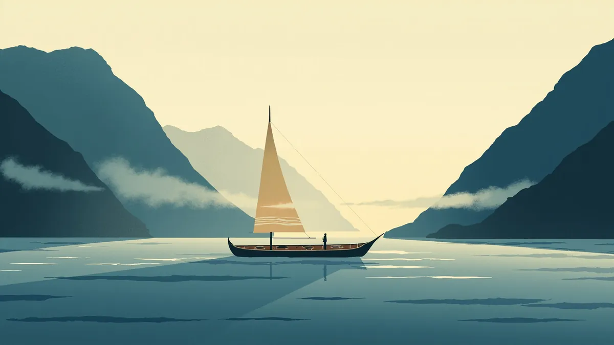 Illustration of a viking longship crossing a misty fjord at first light