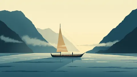 Illustration of a viking longship crossing a misty fjord at first light