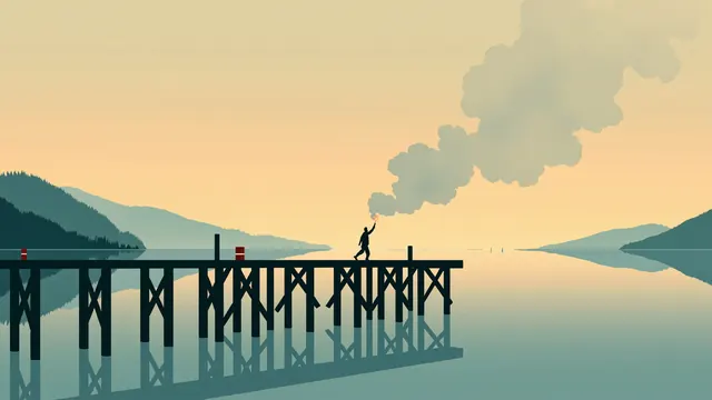 A person with a burning torch walks along a damaged wooden dock above calm water at sunrise
