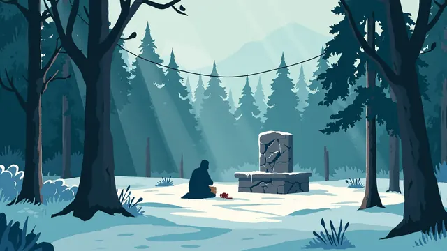 A cloaked person kneels by a broken stone altar in a foggy pine forest