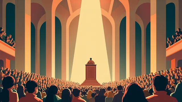 A leader on a tall carved chair speaks to a gathered crowd in a long vaulted hall