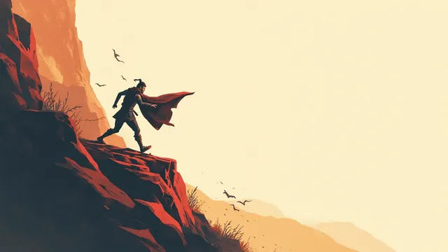 A warrior in a short cloak strides across a windswept rocky cliff training ground
