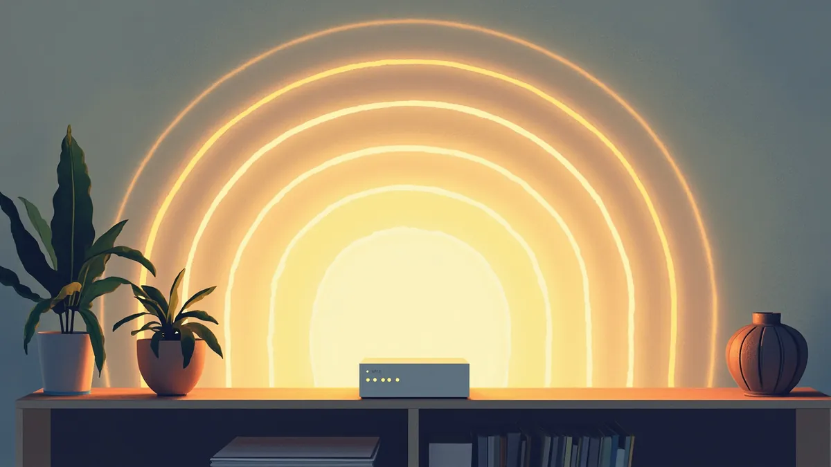 Illustration of glowing wireless signal arcs radiating across a living room