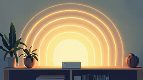 Illustration of glowing wireless signal arcs radiating across a living room