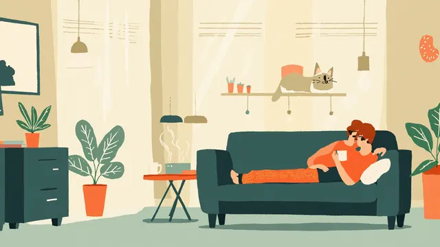 A guest on a couch smirks toward a router on a shelf while a cat watches from the armrest, tea mug nearby.