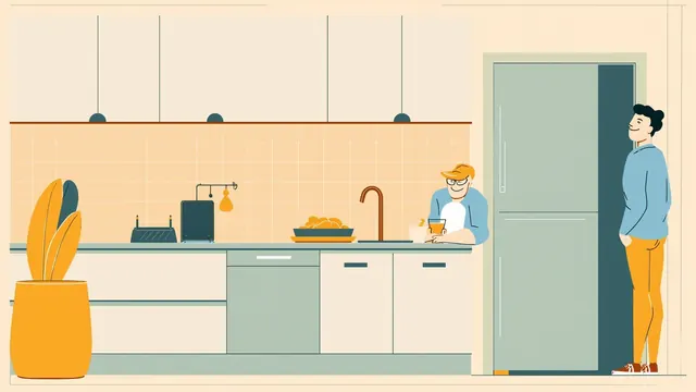 A visitor smirks at a router on a kitchen counter while their partner whispers from the doorway.