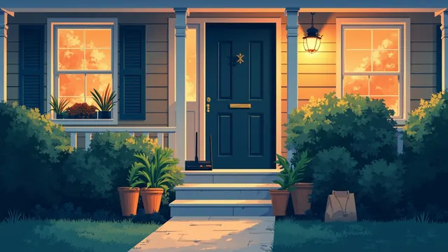 A relative carrying a tote bag walks up a porch path at dusk toward a router and cookies set among potted ferns.