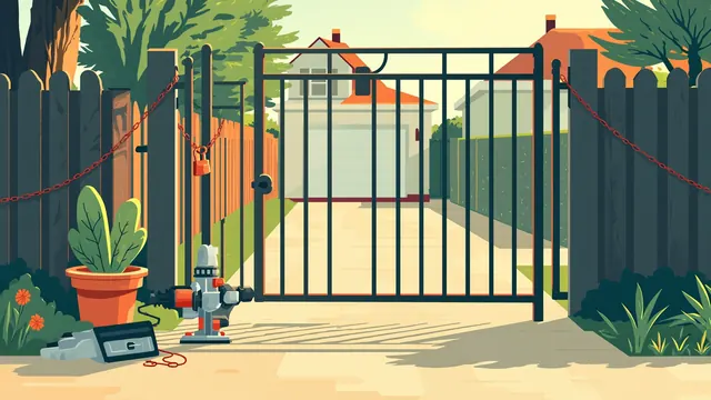 An iron garden gate stands partly closed beside a chained post and a small router, looking out onto an empty driveway.