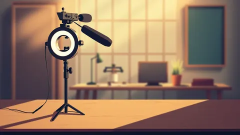 Illustration of a ring light and microphone over an empty wooden desk