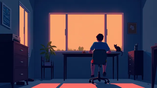 Illustration of a teenager leaning back at a desk in a bedroom lit by shifting colour, a cat on the windowsill