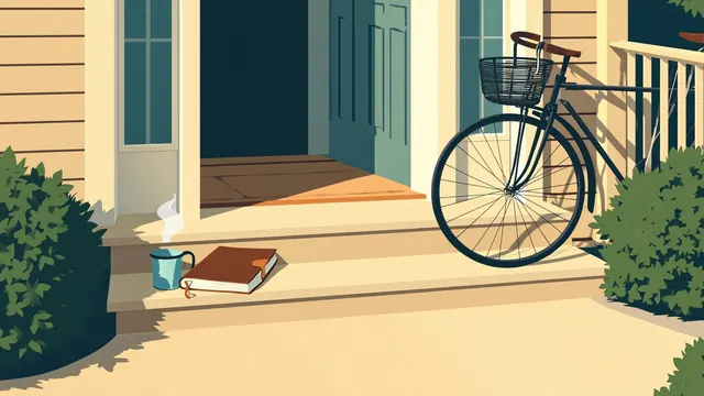 An open journal and coffee mug rest on sunlit porch steps near a parked bicycle
