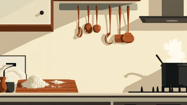 A flour-dusted cutting board sits beneath hanging copper ladles in a warm kitchen with a steaming pot