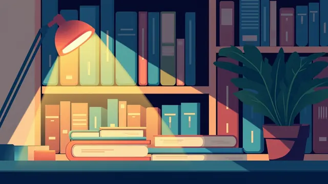A shaded lamp lights stacked notebooks on a library desk beside a potted plant and tall bookshelves